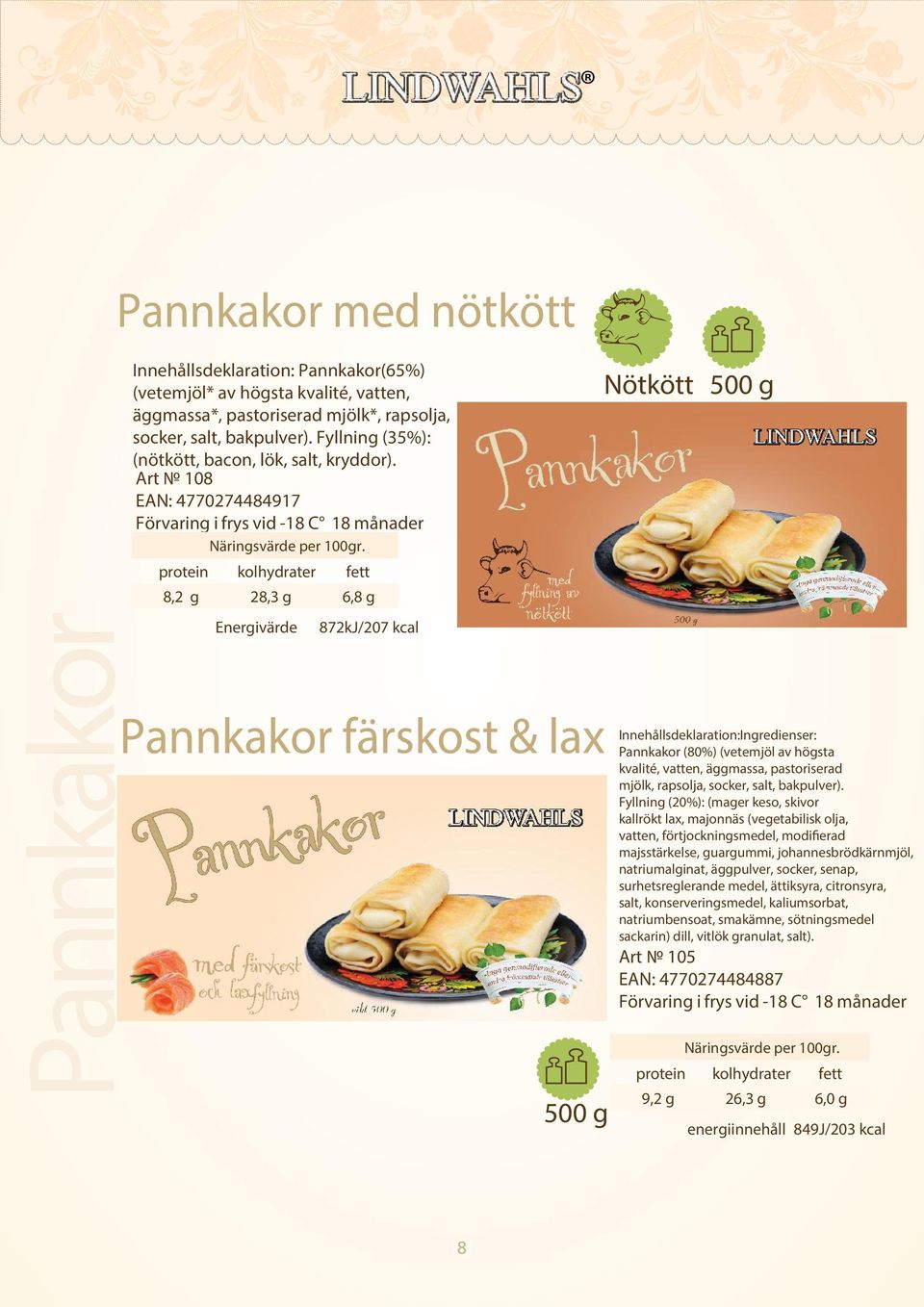 Art 108 EAN: 4770274484917 8,2 g 28,3 g 6,8 g Energivärde 872kJ/207 kcal Pannkakor färskost & lax Nötkött Innehållsdeklaration: Pannkakor (80%) (vetemjöl av högsta kvalité, vatten, äggmassa,