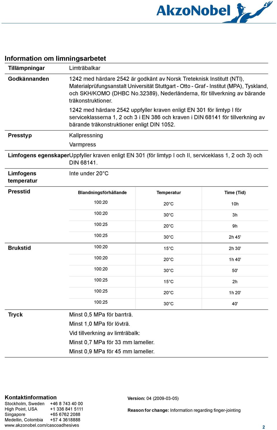 1242 med härdare 2542 uppfyller kraven enligt EN 301 för limtyp I för serviceklasserna 1, 2 och 3 i EN 386 och kraven i DIN 68141 för tillverkning av bärande träkonstruktioner enligt DIN 1052.