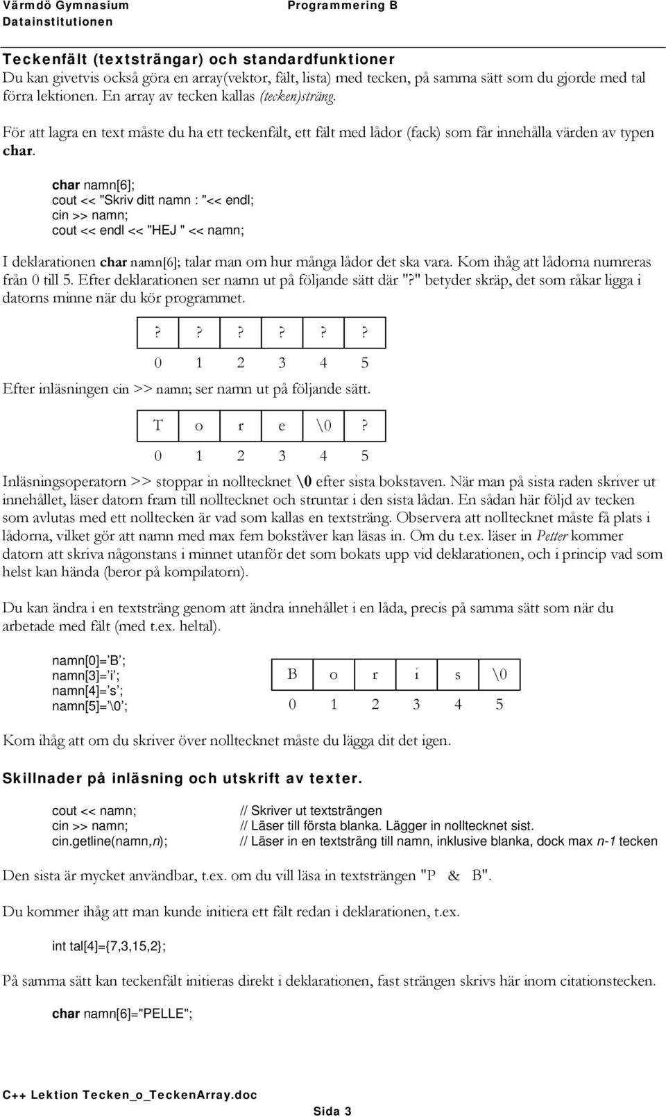 char namn[6]; cout << "Skriv ditt namn : "<< endl; cin >> namn; cout << endl << "HEJ " << namn; I deklarationen char namn[6]; talar man om hur många lådor det ska vara.