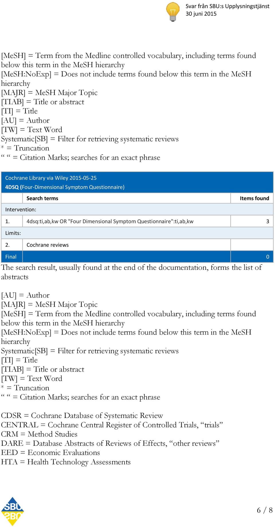 for an exact phrase Cochrane Library via Wiley 2015-05-25 4DSQ (Four-Dimensional Symptom Questionnaire) Search terms Intervention: Items found 1.