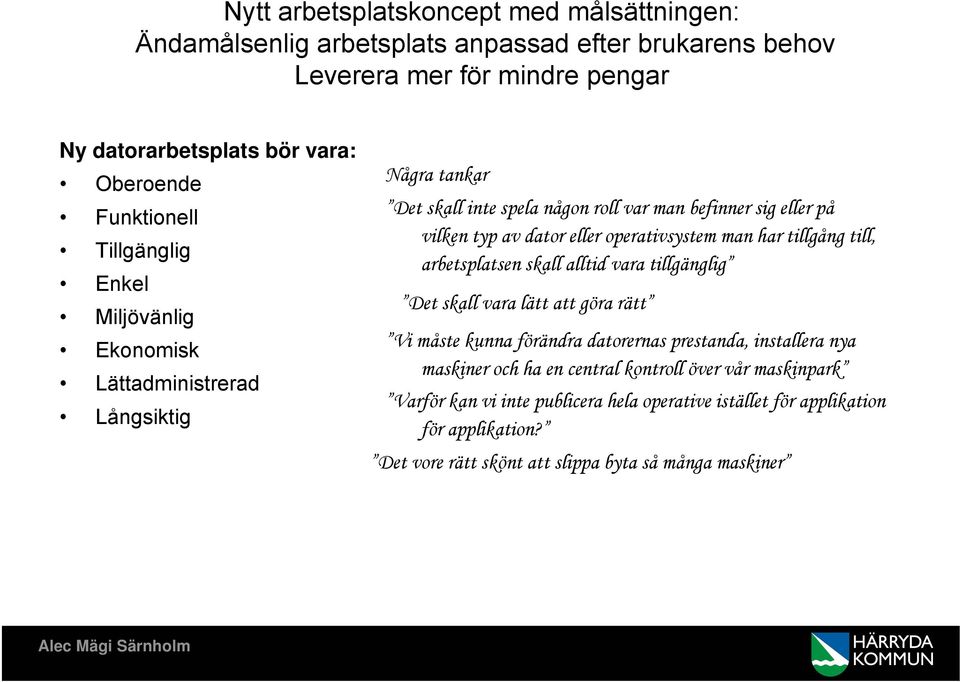 operativsystem man har tillgång till, arbetsplatsen skall alltid vara tillgänglig Det skall vara lätt att göra rätt Vi måste kunna förändra datorernas prestanda, installera nya