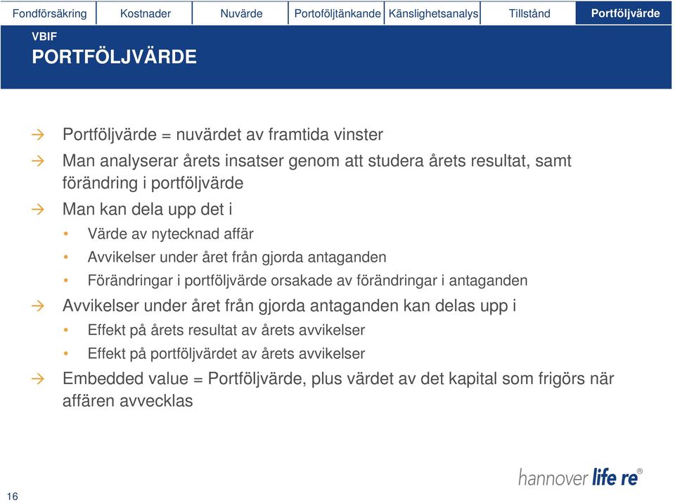 från gjorda antaganden Förändringar i portföljvärde orsakade av förändringar i antaganden Avvikelser under året från gjorda antaganden kan delas upp i Effekt på