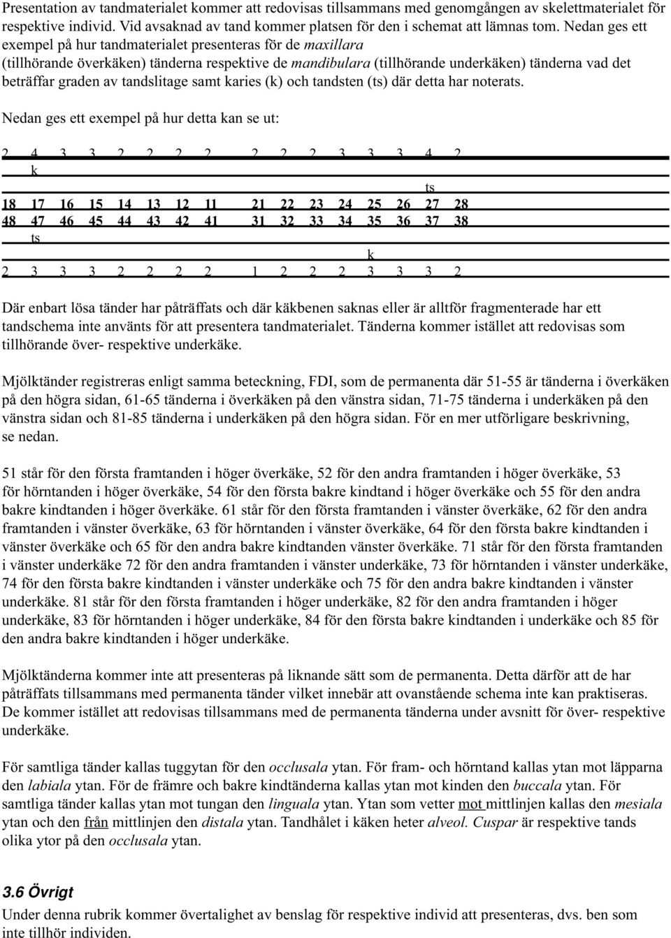 tandslitage samt karies (k) och tandsten (ts) där detta har noterats.