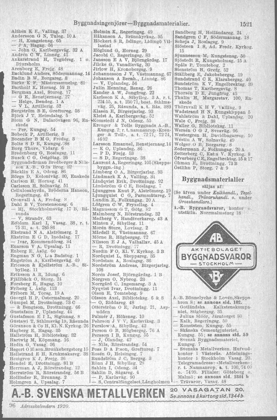 Jansson E A V, Björngårdsg. 17 Djursholm Jilcke G, Vanadisväg, 30 Arenborg E, Frejg. 48 Jirlow H, Kronobergsg.19 Backlund Anders, Bödermannag. 14 Johannesson J V, Västmannag.