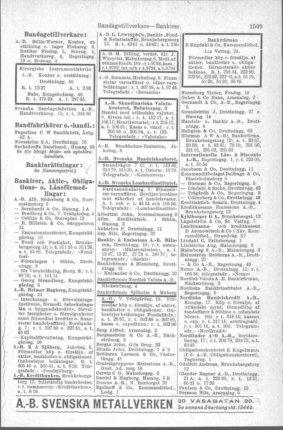 Winqvist, Malmtorgsg.6. Medl. af Förmedlar köp o. försäljn. af 19 o. Hornsg. 4 8thlmsfondb. Dir.:r.t.9793,kass.: aktier, banklotter o. obligationer. Börsnoterade. aktier Kirurgiska nstrumentfabriks r.