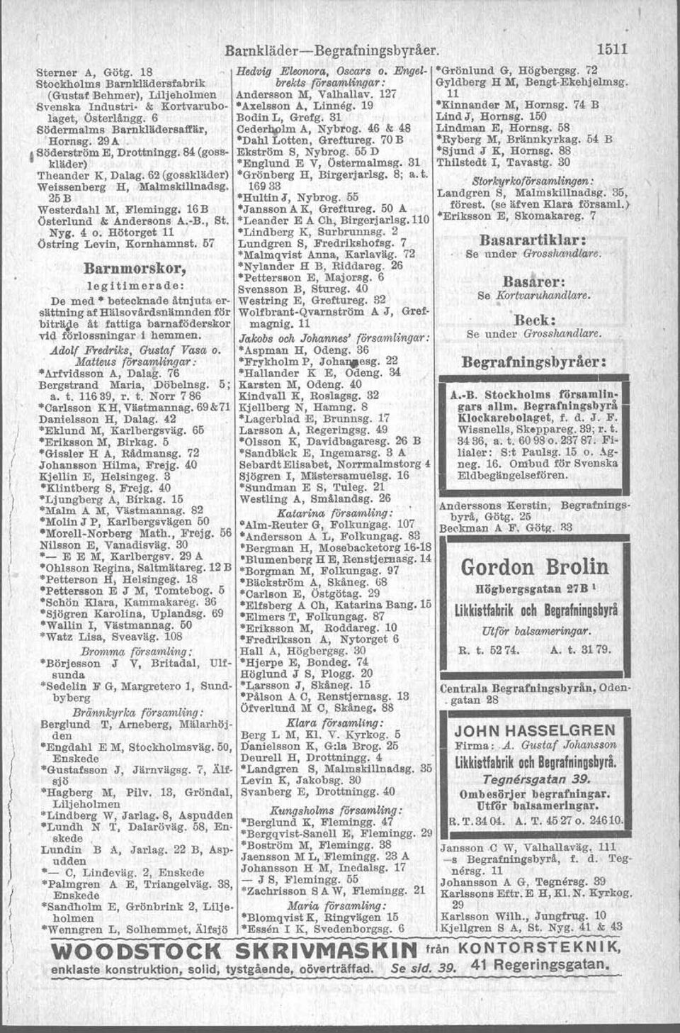74 B laget, Österlängg. 6 Bodin L, Grefg. 31 Lind J, Hornsg. 150 Södermalms Barnklädersaffär, Ceder1l&llmA, Nybrog. 46 &.4B Lindman E, Hornsg. 58 Horusg. 29A. Dahl Lotten, Greftureg.