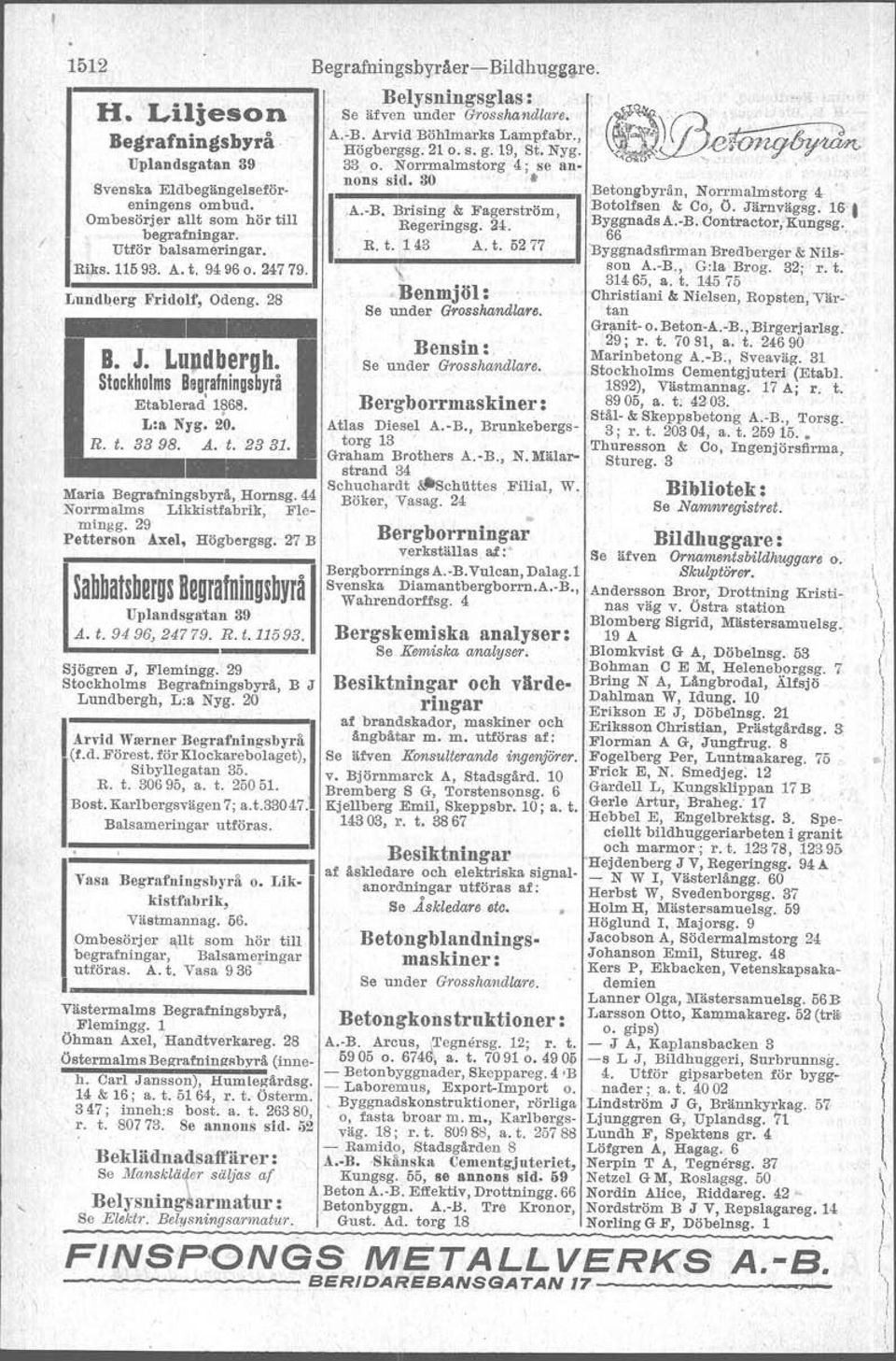 29 Petterson Axel, Högbergsg. 27 B Sjögren J, B'lemingg. 29 Stockholms Begrafningsbyrä, B J Lundbergh, L:a Nyg. 20 Arvid Wrerner Begrafningsbyrå '(f'd'förest. för Klockarebolaget),, Sibyllegatan 35.