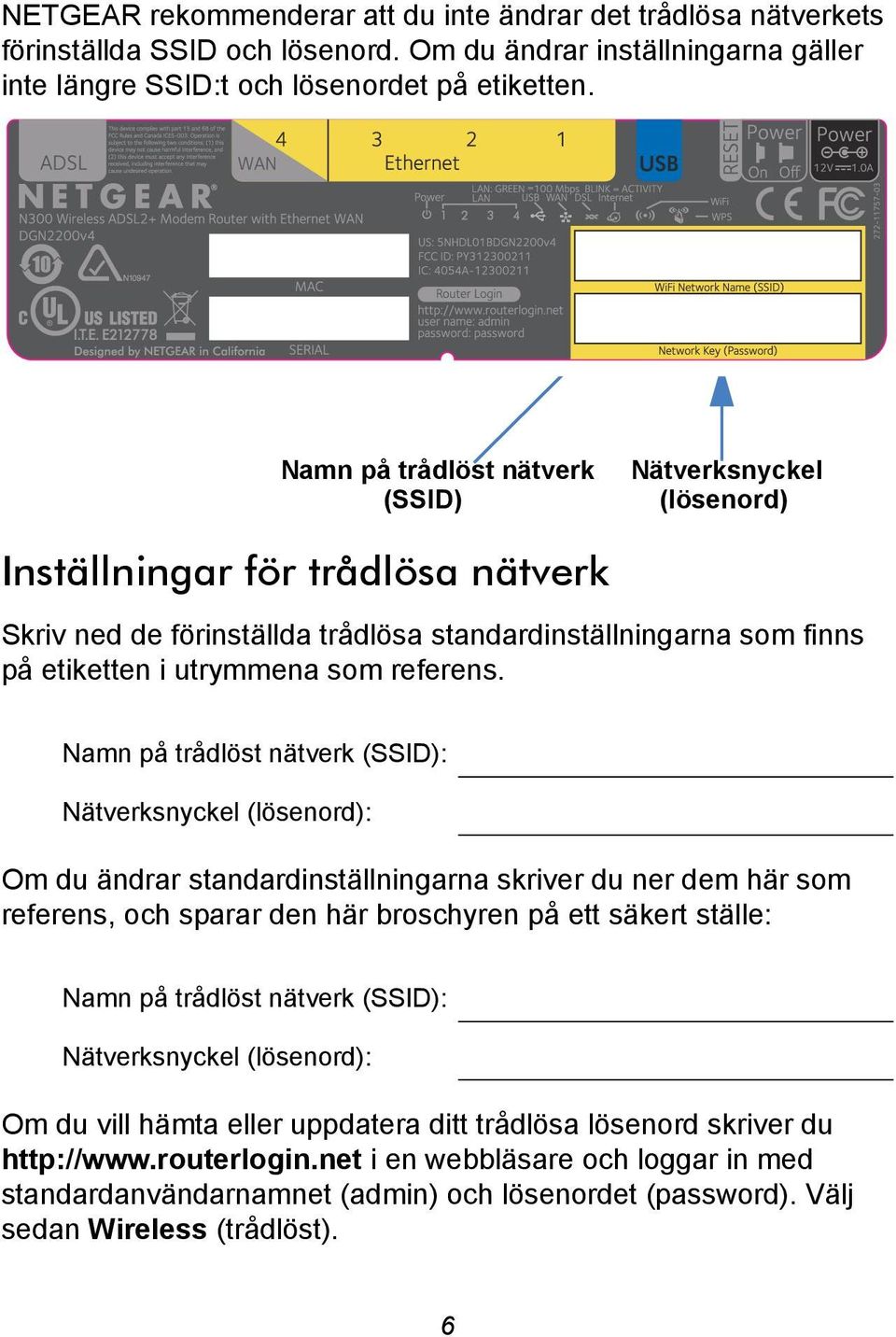 Namn på trådlöst nätverk (SSID): Nätverksnyckel (lösenord): Om du ändrar standardinställningarna skriver du ner dem här som referens, och sparar den här broschyren på ett säkert ställe: Namn på