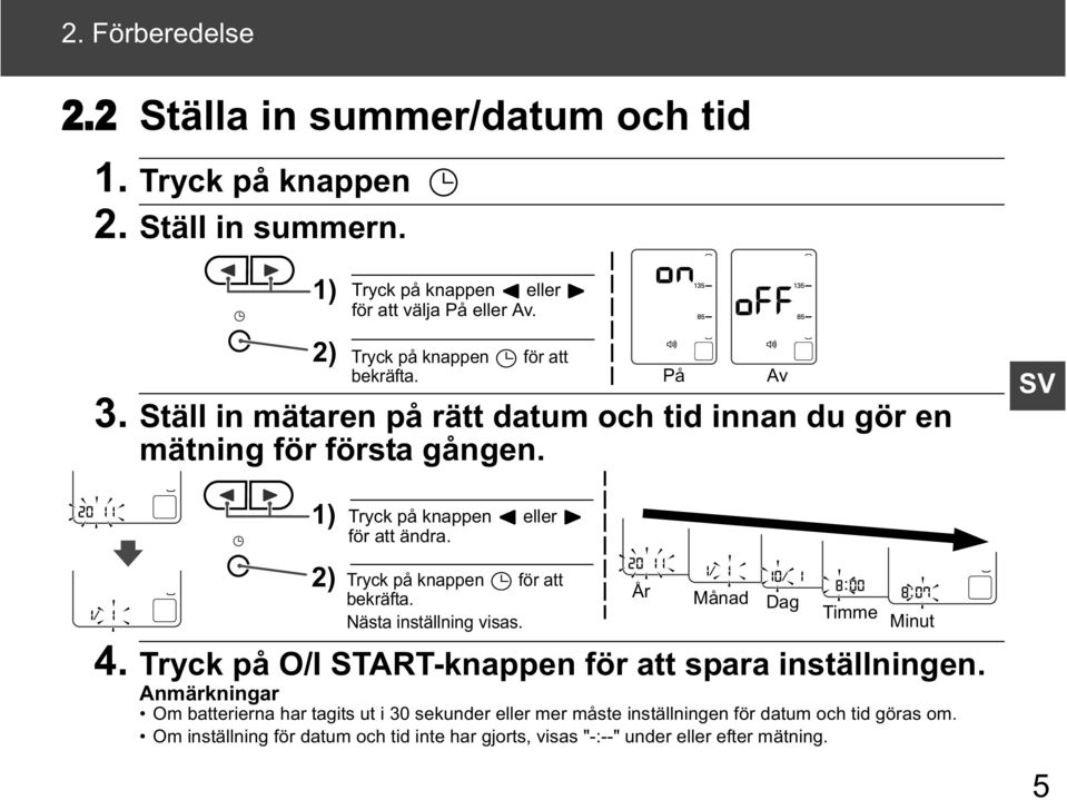 SV 1) Tryck på knappen eller för att ändra. 2) Tryck på knappen för att bekräfta. År Månad Dag Nästa inställning visas. Timme Minut 4.