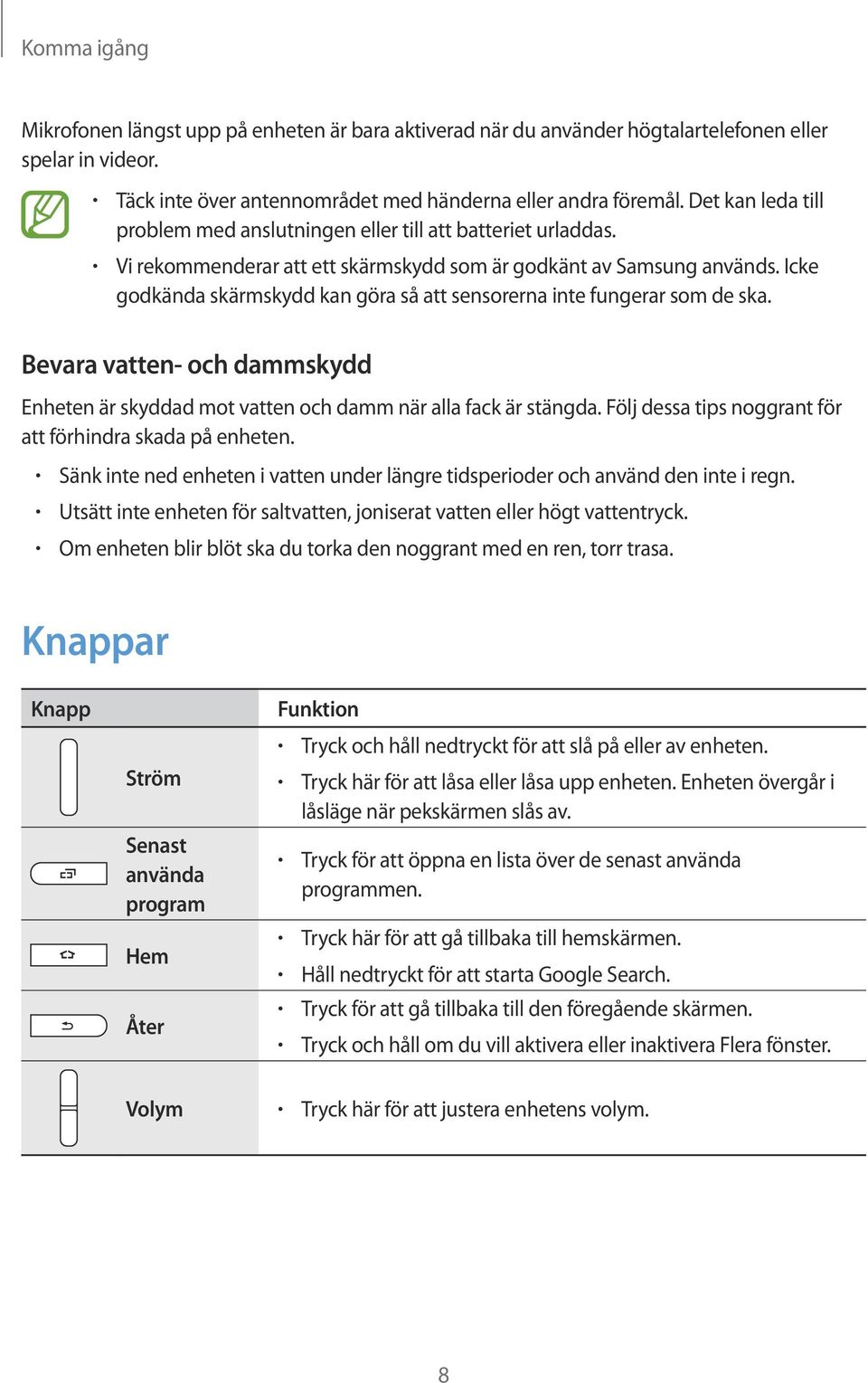 Icke godkända skärmskydd kan göra så att sensorerna inte fungerar som de ska. Bevara vatten- och dammskydd Enheten är skyddad mot vatten och damm när alla fack är stängda.