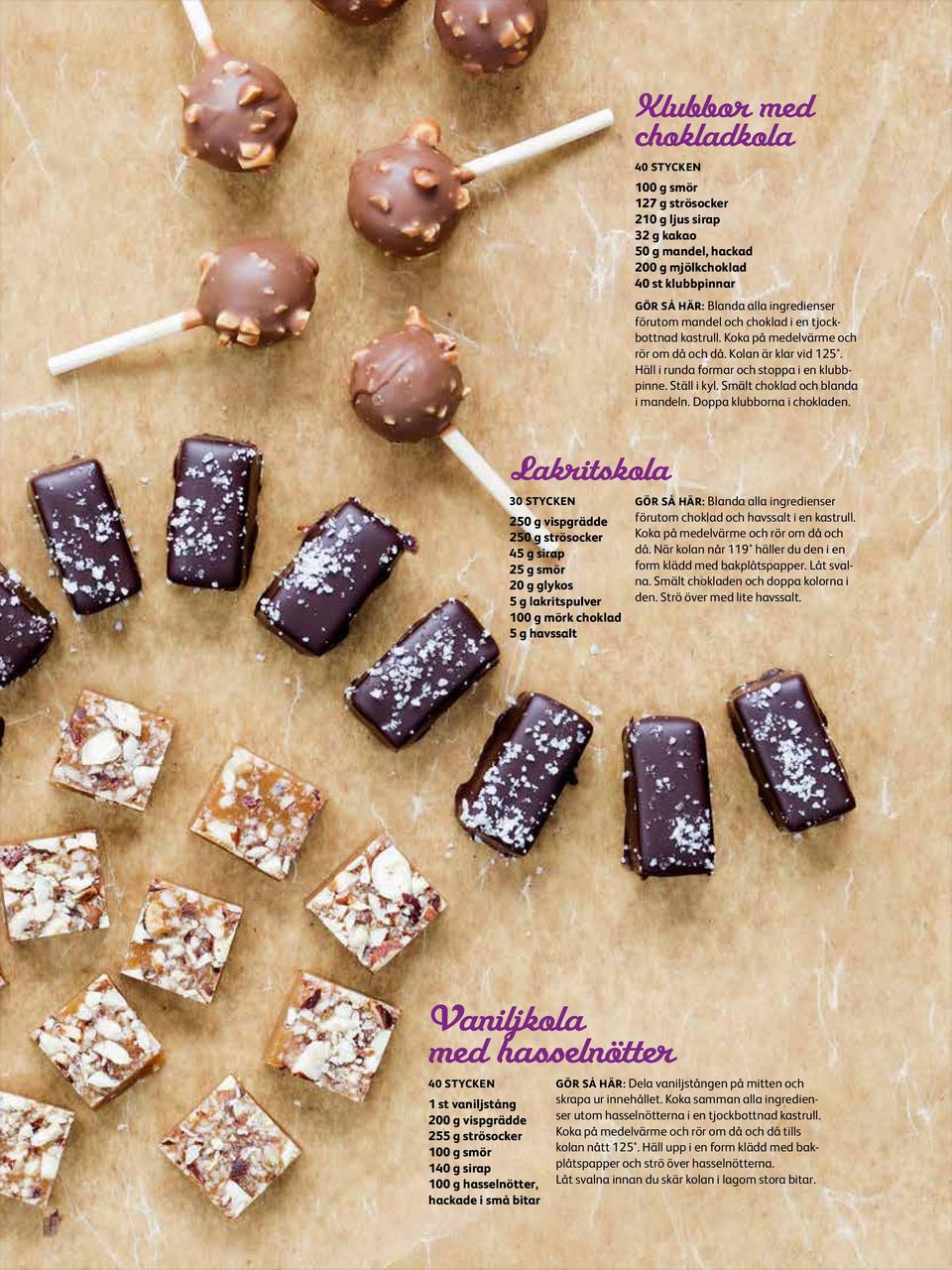 Koka på medelvärme och rör om då och då. Kolan är klar vid 125. Häll i runda formar och stoppa i en klubbpinne. Ställ i kyl. Smält choklad och blanda i mandeln. Doppa klubborna i chokladen.