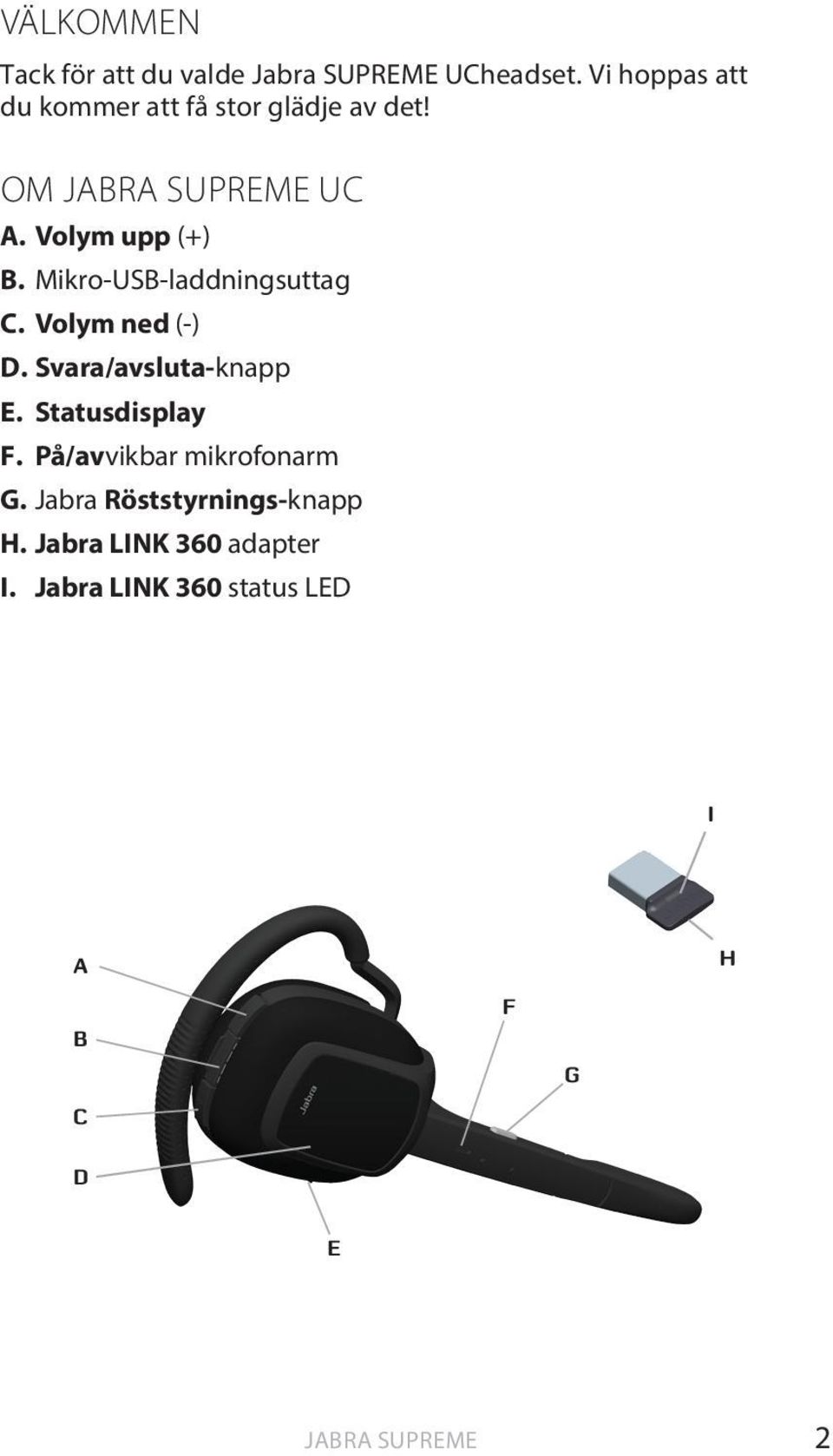 Mikro-USB-laddningsuttag C. Volym ned (-) D. Svara/avsluta-knapp E. Statusdisplay F.