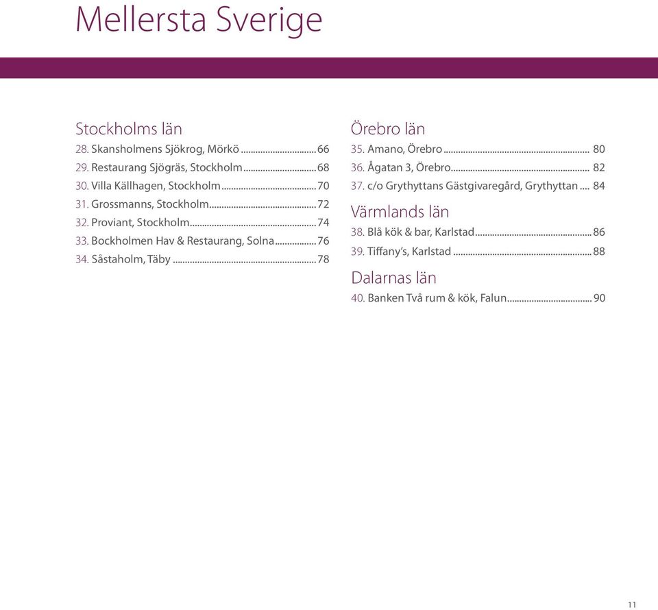 Bockholmen Hav & Restaurang, Solna...76 34. Såstaholm, Täby...78 Örebro län 35. Amano, Örebro... 80 36. Ågatan 3, Örebro... 82 37.