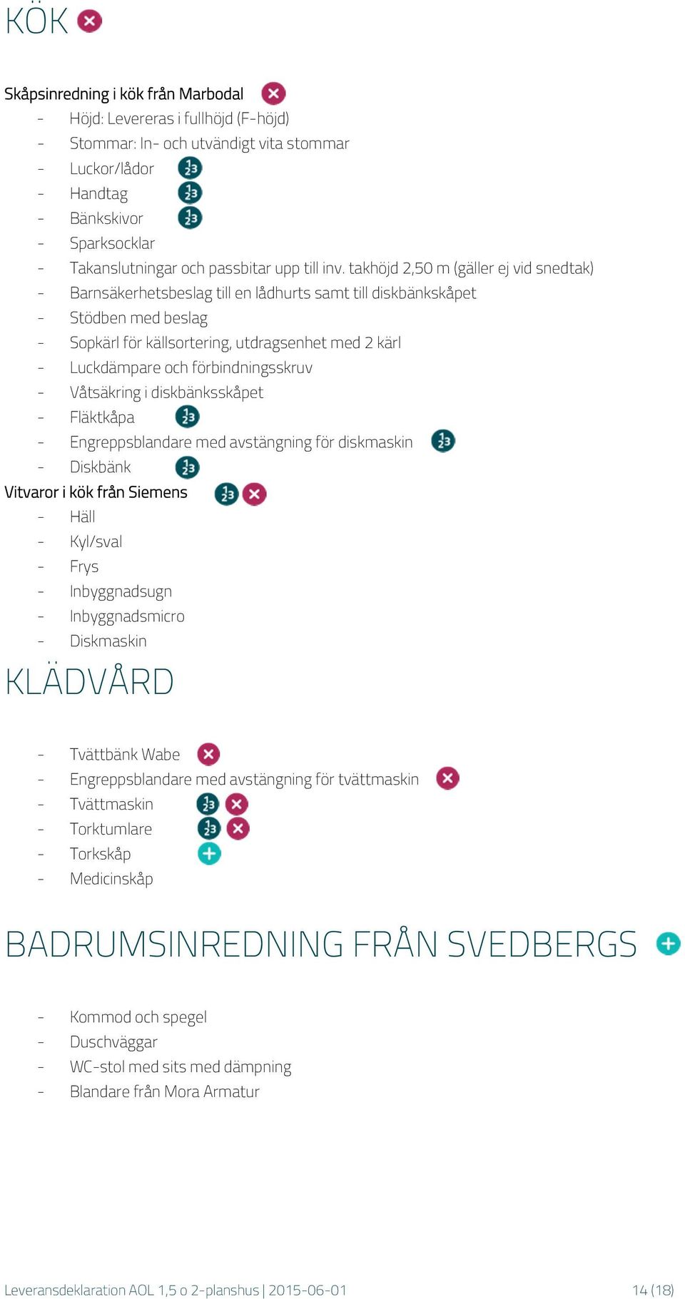 takhöjd 2,50 m (gäller ej vid snedtak) - Barnsäkerhetsbeslag till en lådhurts samt till diskbänkskåpet - Stödben med beslag - Sopkärl för källsortering, utdragsenhet med 2 kärl - Luckdämpare och