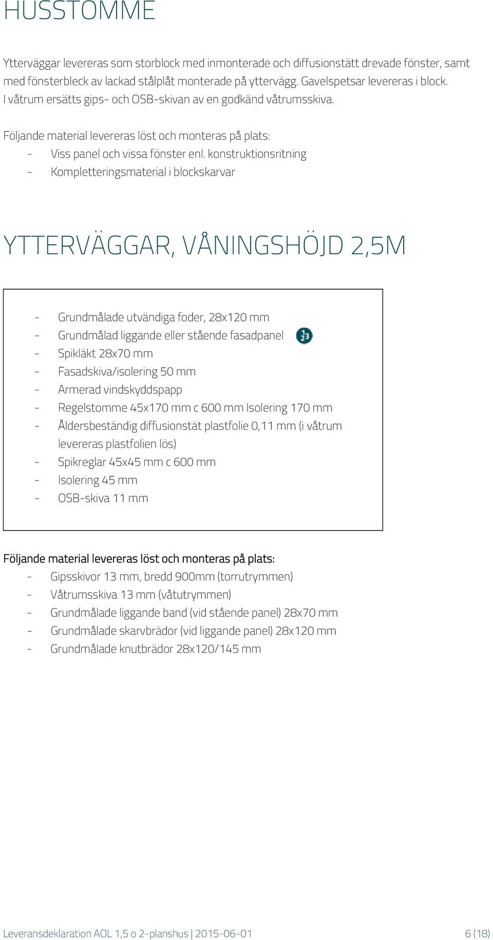 konstruktionsritning - Kompletteringsmaterial i blockskarvar YTTERVÄGGAR, VÅNINGSHÖJD 2,5M - Grundmålade utvändiga foder, 28x120 mm - Grundmålad liggande eller stående fasadpanel - Spikläkt 28x70 mm