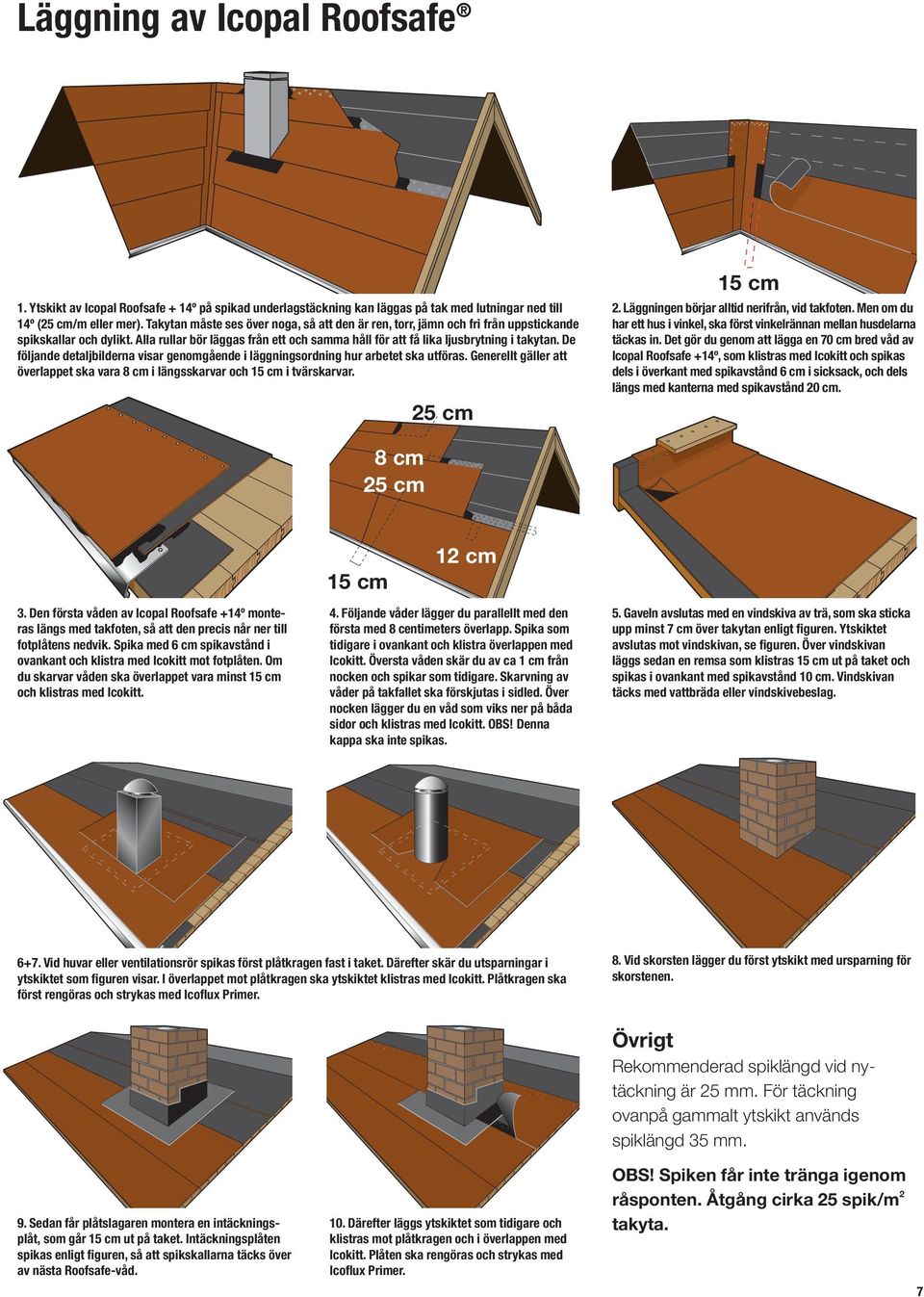 de följande detaljbilderna visar genomgående i läggningsordning hur arbetet ska utföras. Generellt gäller att överlappet ska vara 8 cm i längsskarvar och 15 cm i tvärskarvar. 25 cm 15 cm 2.