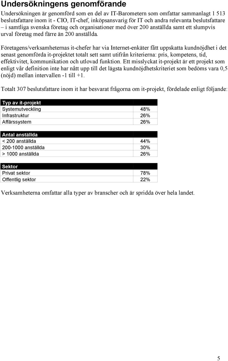 Företagens/verksamheternas it-chefer har via Internet-enkäter fått uppskatta kundnöjdhet i det senast genomförda it-projektet totalt sett samt utifrån kriterierna: pris, kompetens, tid, effektivitet,