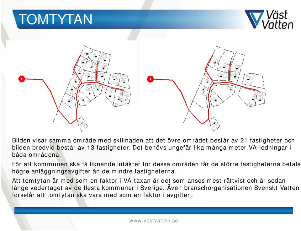 För att kommunen ska få liknande intäkter för dessa områden får de större fastigheterna betala högre anläggningsavgifter än de mindre fastigheterna.