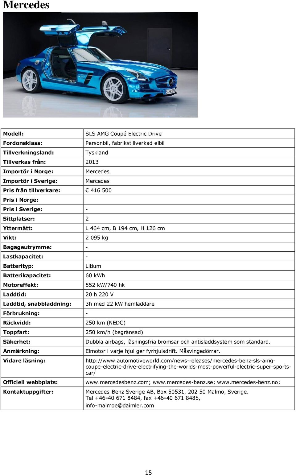 Dubbla airbags, låsningsfria bromsar och antisladdsystem som standard. Elmotor i varje hjul ger fyrhjulsdrift. Måsvingedörrar. http://www.automotiveworld.