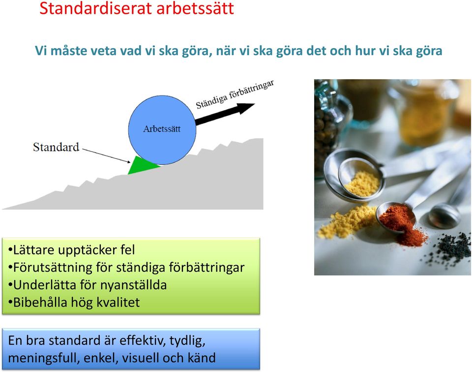 ständiga förbättringar Underlätta för nyanställda Bibehålla hög