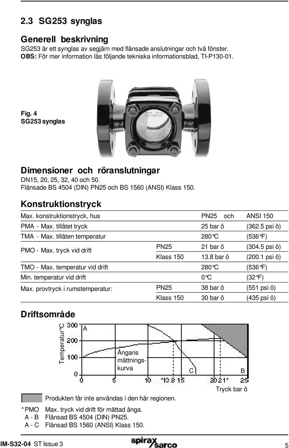 konstruktionstryck, hus PN25 och ANSI 150 PMA - Max. tillåtet tryck 25 bar ö (362.5 psi ö) TMA - Max. tillåten temperatur 280 C (536 F) PMO - Max. tryck vid drift PN25 21 bar ö (304.