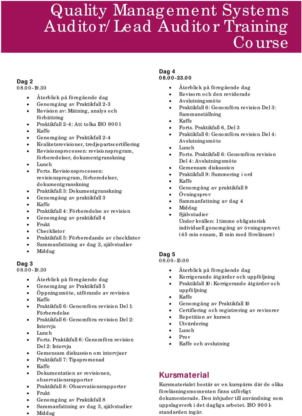 tredjepartscertifiering Revisionsprocessen: revisionsprogram, förberedelser, dokumentgranskning Lunch Forts.