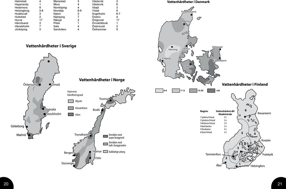 Danmark Fredrikshamn Ålborg Herning Esbjerg Århus Vattenhårdheter i Norg Helsingör Tromsö Bodö Köpenhamn Odense Vattenhårdheter i Sverige Herning Esbjerg Århus Odense Helsingör Trondheim Områden med