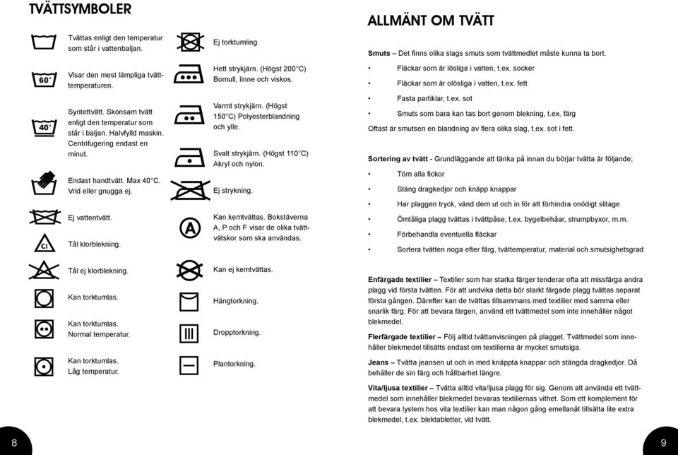 Skonsam tvätt enligt den temperatur som står i baljan. Halvfylld maskin. Centrifugering endast en minut. Endast handtvätt. Max 40 C. Vrid eller gnugga ej. Varmt strykjärn.