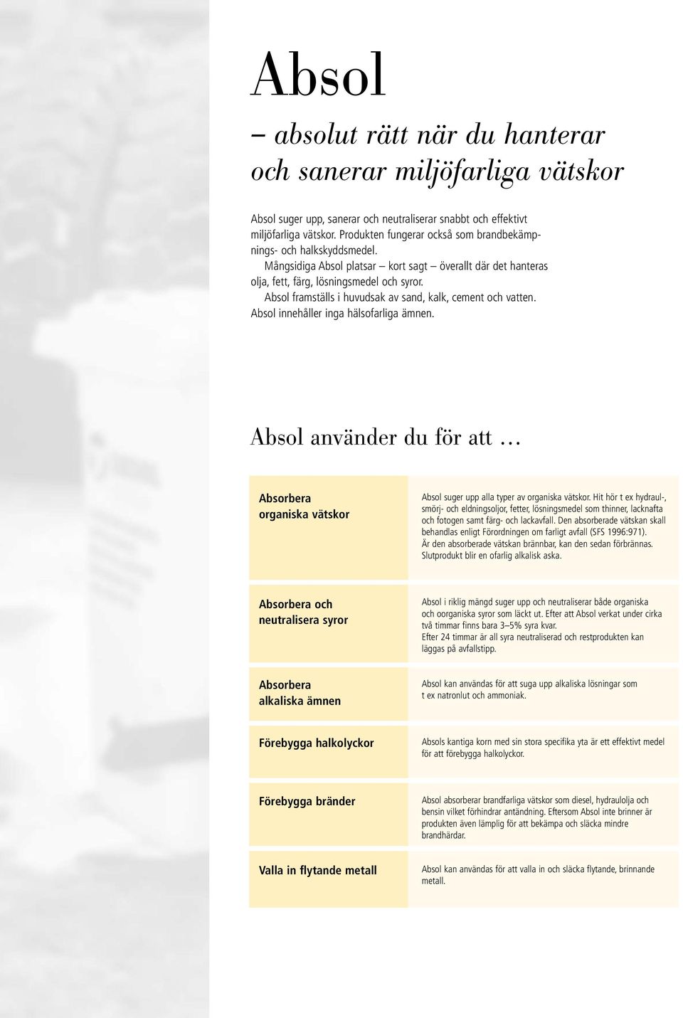 Absol framställs i huvudsak av sand, kalk, cement och vatten. Absol innehåller inga hälsofarliga ämnen.