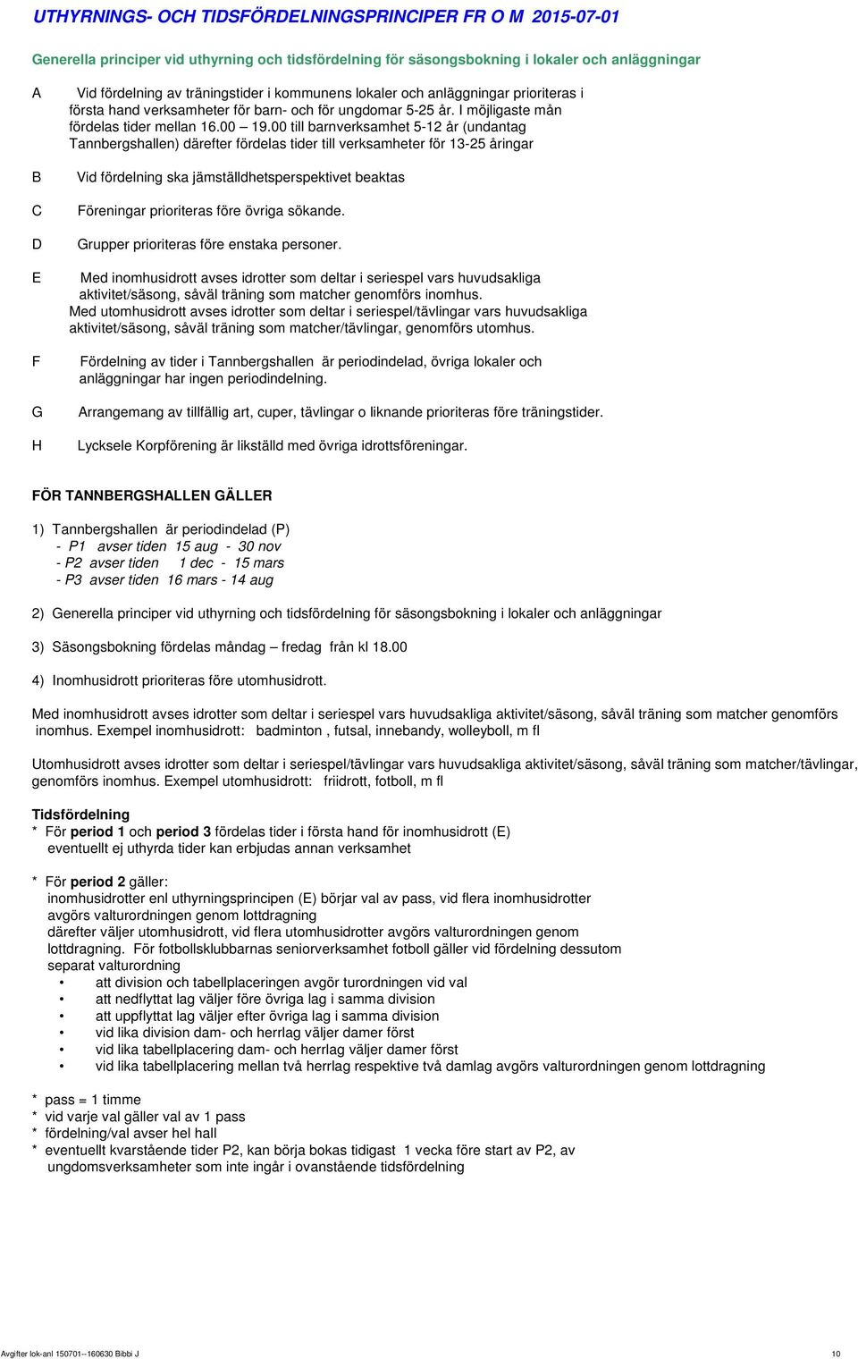 00 till barnverksamhet 5-12 år (undantag Tannbergshallen) därefter fördelas tider till verksamheter för 13-25 åringar Vid fördelning ska jämställdhetsperspektivet beaktas Föreningar prioriteras före