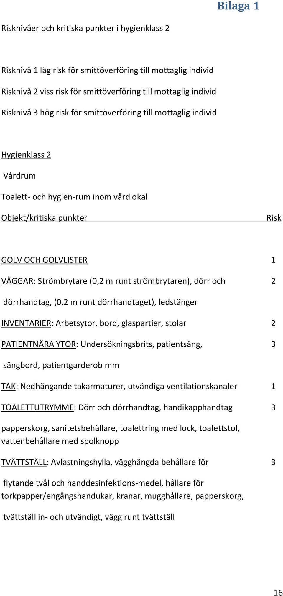 strömbrytaren), dörr och 2 dörrhandtag, (0,2 m runt dörrhandtaget), ledstänger INVENTARIER: Arbetsytor, bord, glaspartier, stolar 2 PATIENTNÄRA YTOR: Undersökningsbrits, patientsäng, 3 sängbord,