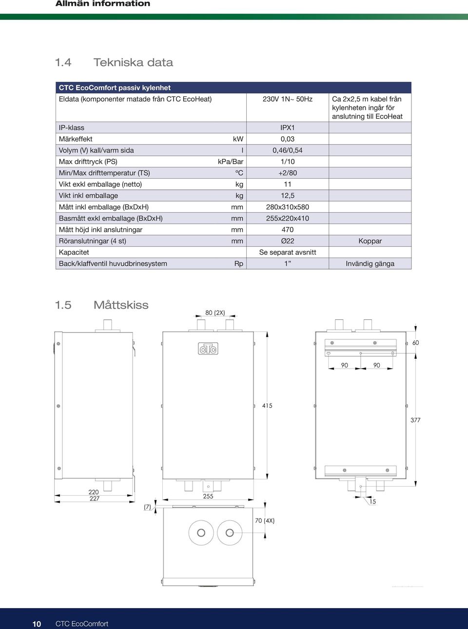 EcoHeat IP-klass IPX1 Märkeffekt kw 0,03 Volym (V) kall/varm sida l 0,46/0,54 Max drifttryck (PS) kpa/bar 1/10 Min/Max drifttemperatur (TS) ºC +2/80 Vikt exkl