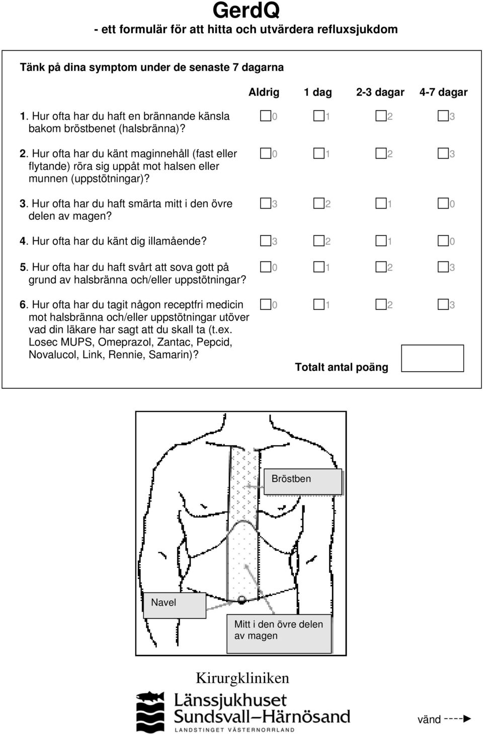 3. Hur ofta har du haft smärta mitt i den övre 3 2 1 0 delen av magen? 4. Hur ofta har du känt dig illamående? 3 2 1 0 5.