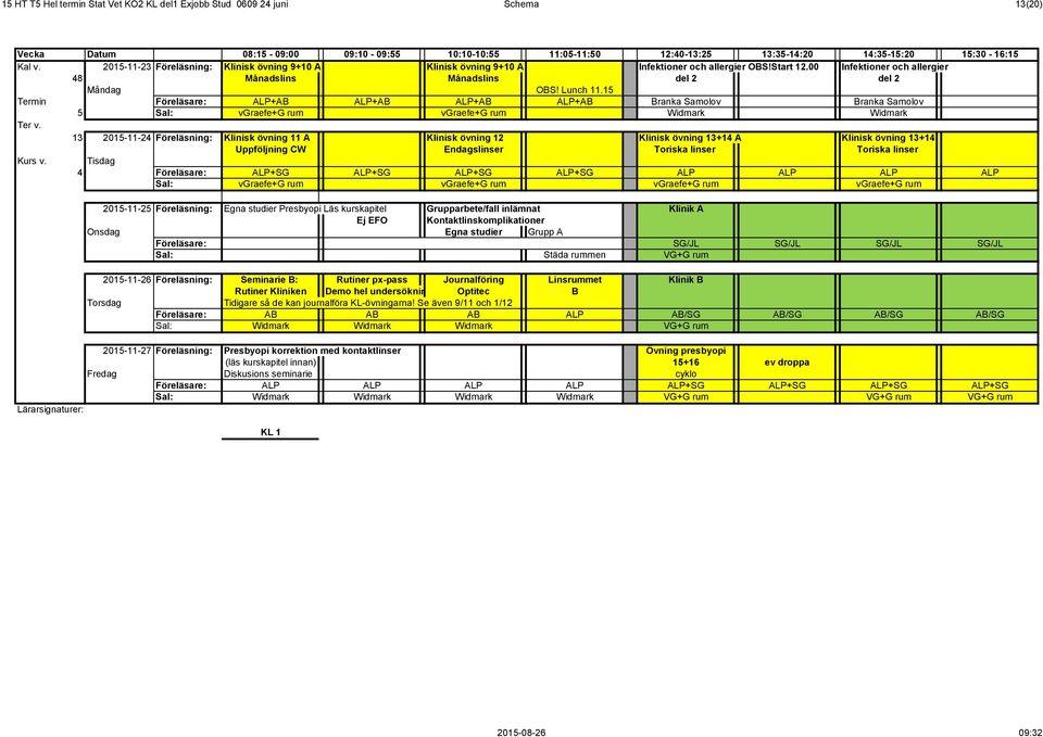 15 Termin ALP+AB ALP+AB ALP+AB ALP+AB Branka Samolov Branka Samolov 5 vgraefe+g rum vgraefe+g rum Widmark Widmark 13 2015-11-24 Föreläsning: Klinisk övning 11 A Klinisk övning 12 Klinisk övning 13+14