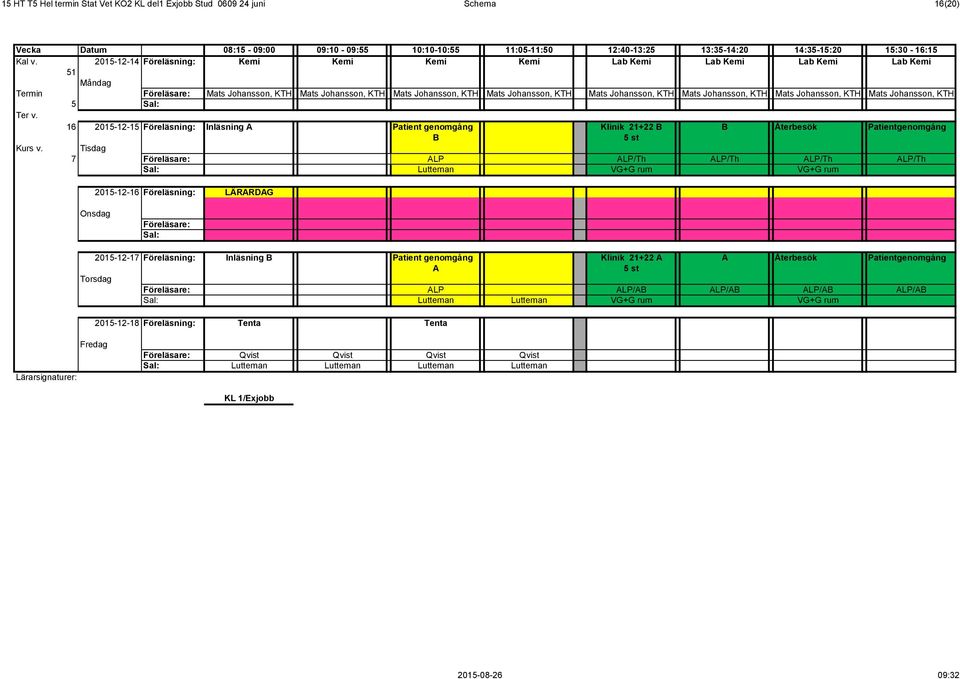 Johansson, KTH Mats Johansson, KTH Mats Johansson, KTH 5 16 2015-12-15 Föreläsning: Inläsning A Patient genomgång Klinik 21+22 B B Återbesök Patientgenomgång B 5 st Kurs v.