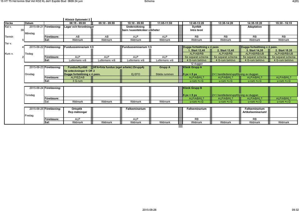 2015-09-21 Föreläsning: Lagar och förordningar Undersökning Synfält Adaptation 39 barn /vuxentekniker olikheter Intro teori Termin AB AB ALP ALP RB RB RB RB 5 Widmark Widmark Widmark Widmark Widmark