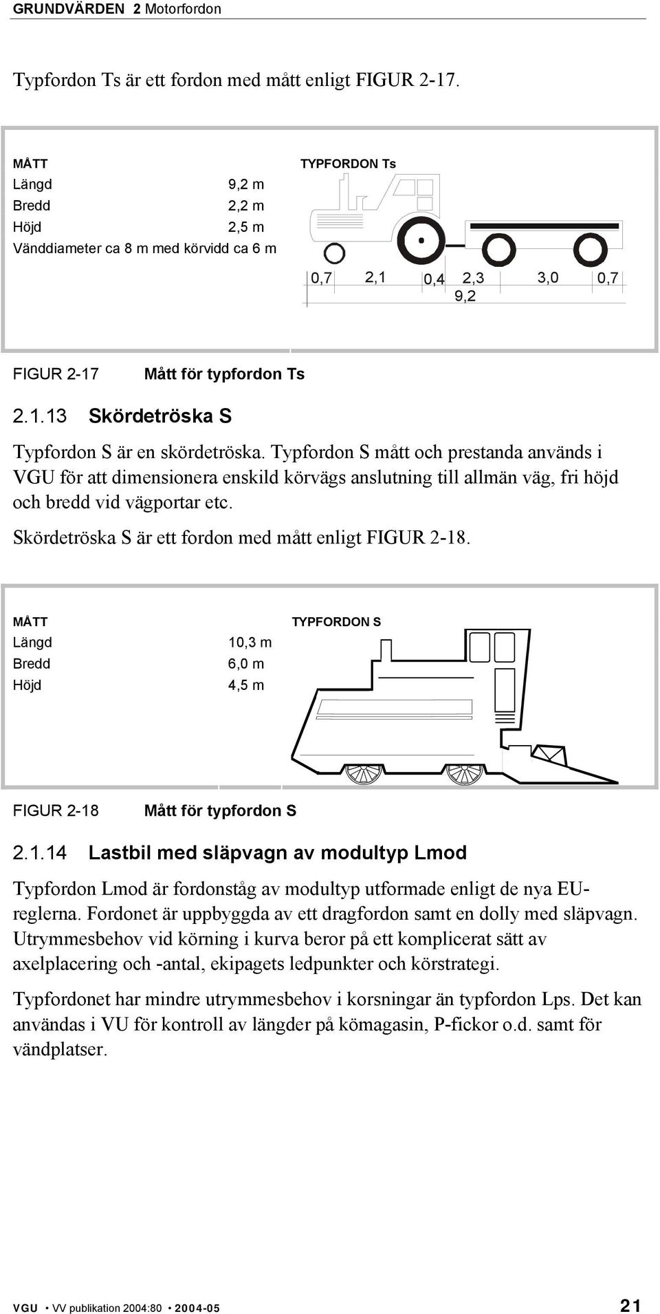 Skördetröska S är ett fordon med mått enligt FIGUR 2-18. 10,3 m 6,0 m 4,5 m TYPFORDON S FIGUR 2-18 Mått för typfordon S 2.1.14 Lastbil med släpvagn av modultyp Lmod Typfordon Lmod är fordonståg av modultyp utformade enligt de nya EUreglerna.