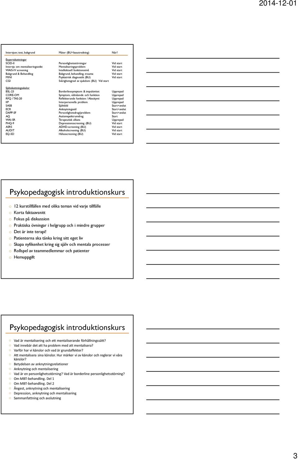 Behandling Bakgrund, behandling, trauma Vid start MINI Psykiatrisk diagnostik (BU) Vid start CGI Svårighetsgrad av sjukdom (BU) Vid start Självskattningsskalor BSL-23 Borderlinesymptom & impulsivitet