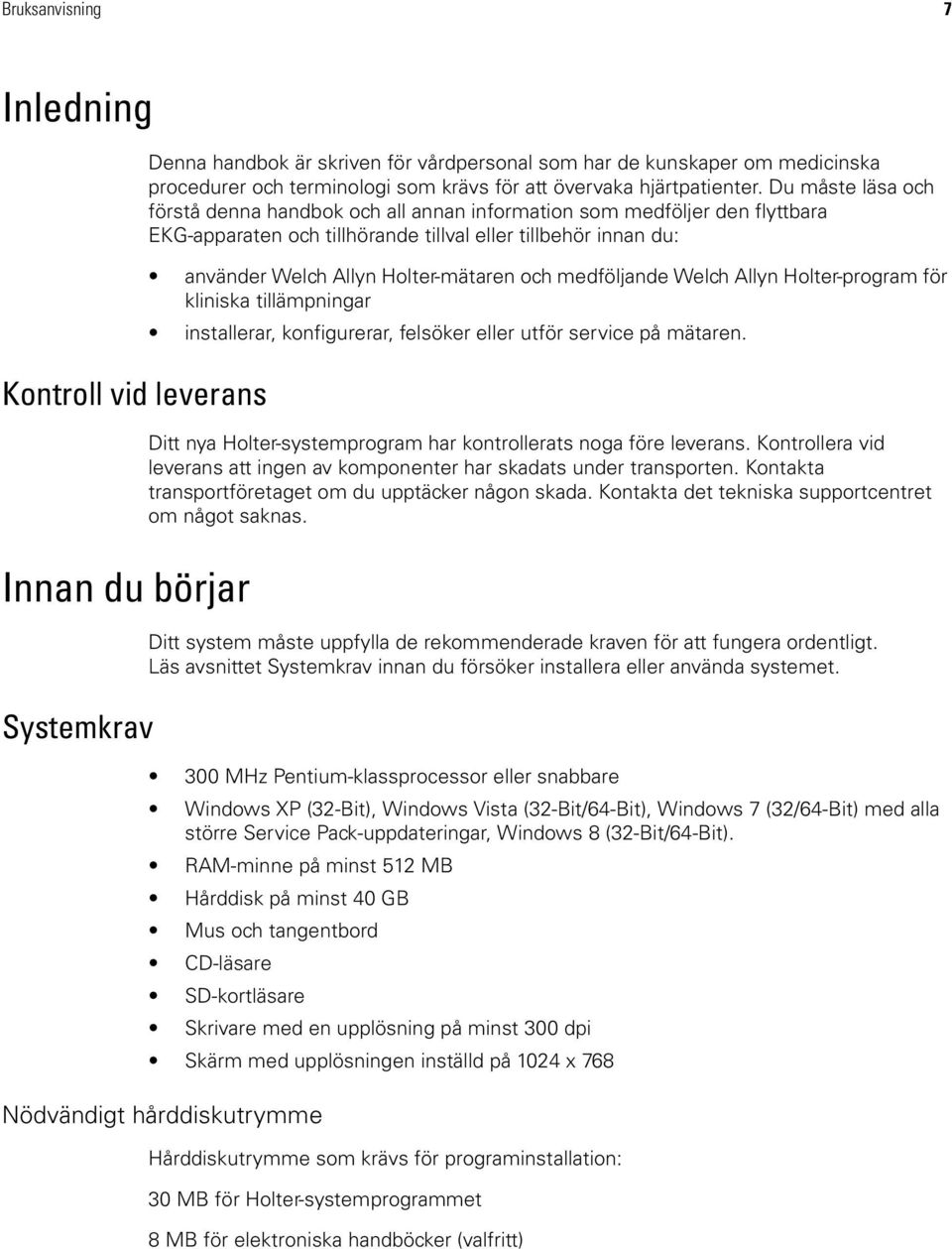 Du måste läsa och förstå denna handbok och all annan information som medföljer den flyttbara EKG-apparaten och tillhörande tillval eller tillbehör innan du: använder Welch Allyn Holter-mätaren och