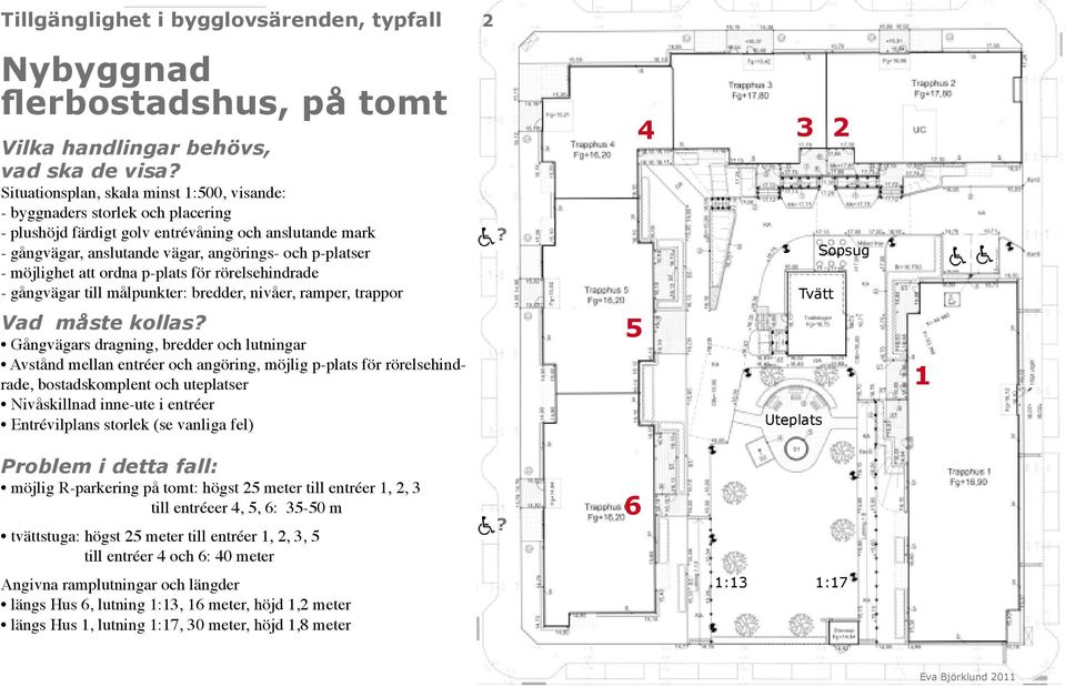 möjlighet att ordna p-plats för rörelsehindrade - gångvägar till målpunkter: bredder, nivåer, ramper, trappor? 4 3 2 Sopsug Tvätt Vad måste kollas?