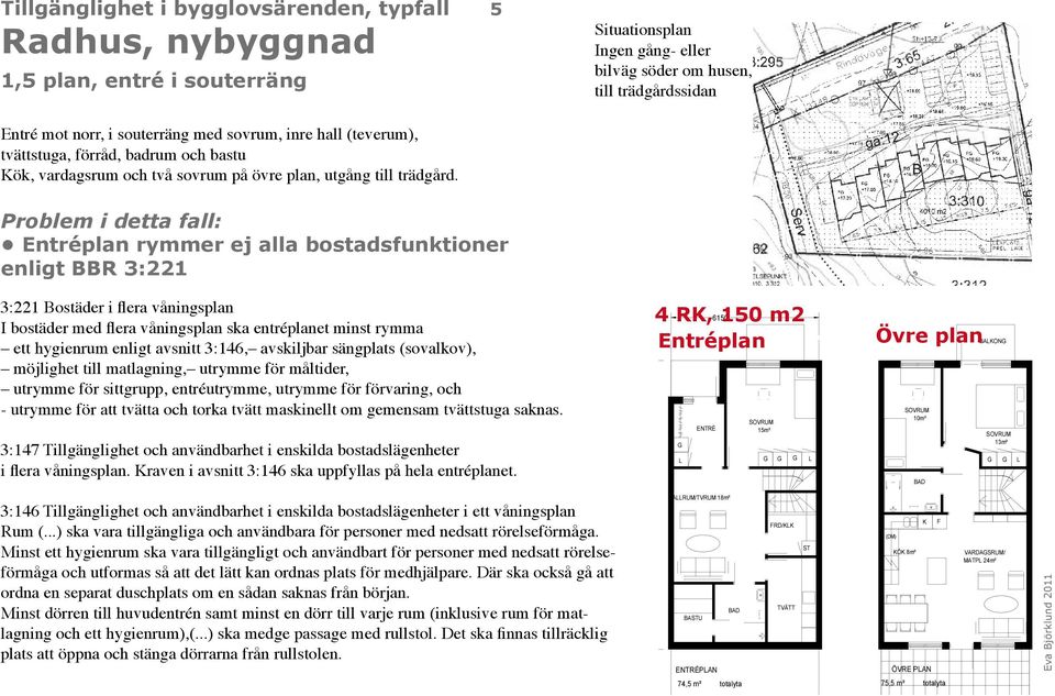 Entréplan rymmer ej alla bostadsfunktioner enligt BBR 3:221 3:221 Bostäder i flera våningsplan I bostäder med flera våningsplan ska entréplanet minst rymma ett hygienrum enligt avsnitt 3:146,