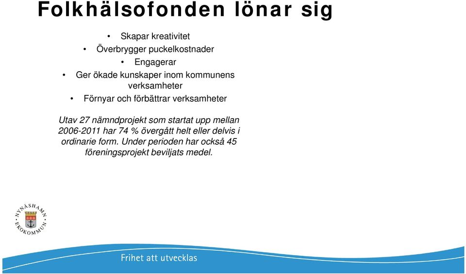 Utav 27 nämndprojekt som startat upp mellan 2006-2011 har 74 % övergått helt eller