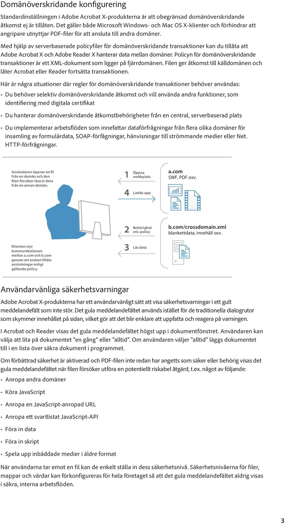 Med hjälp av serverbaserade policyfiler för domänöverskridande transaktioner kan du tillåta att Adobe Acrobat X och Adobe Reader X hanterar data mellan domäner.