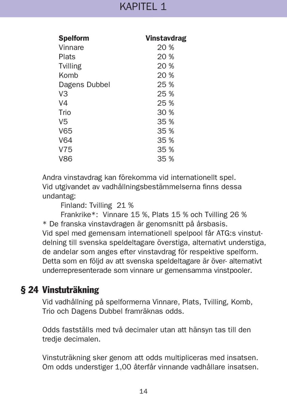 Vid utgivandet av vadhållningsbestämmelserna finns dessa undantag: Finland: Tvilling 21 % Frankrike*: Vinnare 15 %, Plats 15 % och Tvilling 26 % * De franska vinstavdragen är genomsnitt på årsbasis.