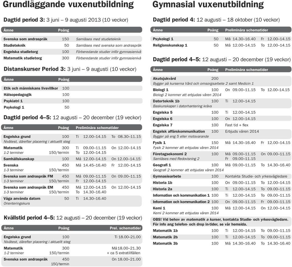 Distanskurser Period 3: 3 juni 9 augusti (10 veckor) Etik och människans livsvillkor 100 Hälsopedagogik 100 Psykiatri 1 100 Psykologi 1 50 Dagtid period 4 5: 12 augusti 20 december (19 veckor)