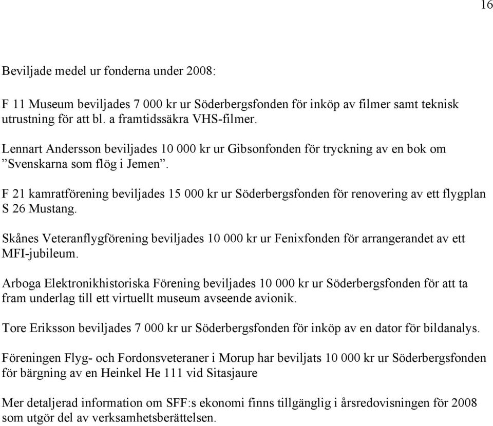 F 21 kamratförening beviljades 15 000 kr ur Söderbergsfonden för renovering av ett flygplan S 26 Mustang.