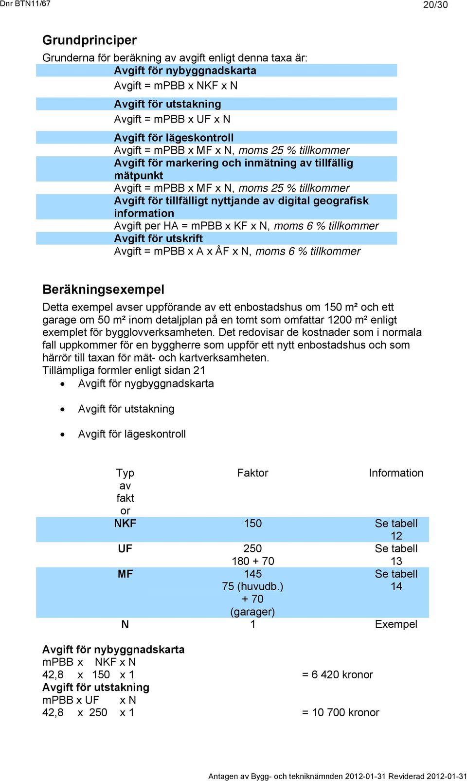 digital geografisk information Avgift per HA = mpbb x KF x N, moms 6 % tillkommer Avgift för utskrift Avgift = mpbb x A x ÅF x N, moms 6 % tillkommer Beräkningsexempel Detta exempel avser uppförande