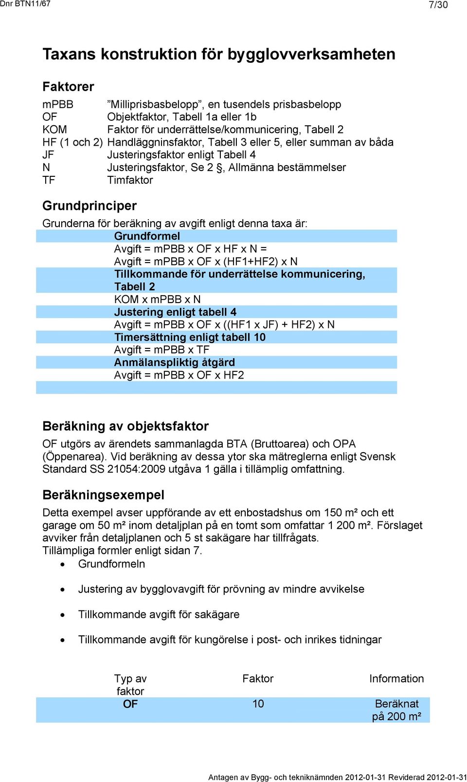 Timfaktor Grundprinciper Grunderna för beräkning av avgift enligt denna taxa är: Grundformel Avgift = mpbb x OF x HF x N = Avgift = mpbb x OF x (HF1+HF2) x N Tillkommande för underrättelse