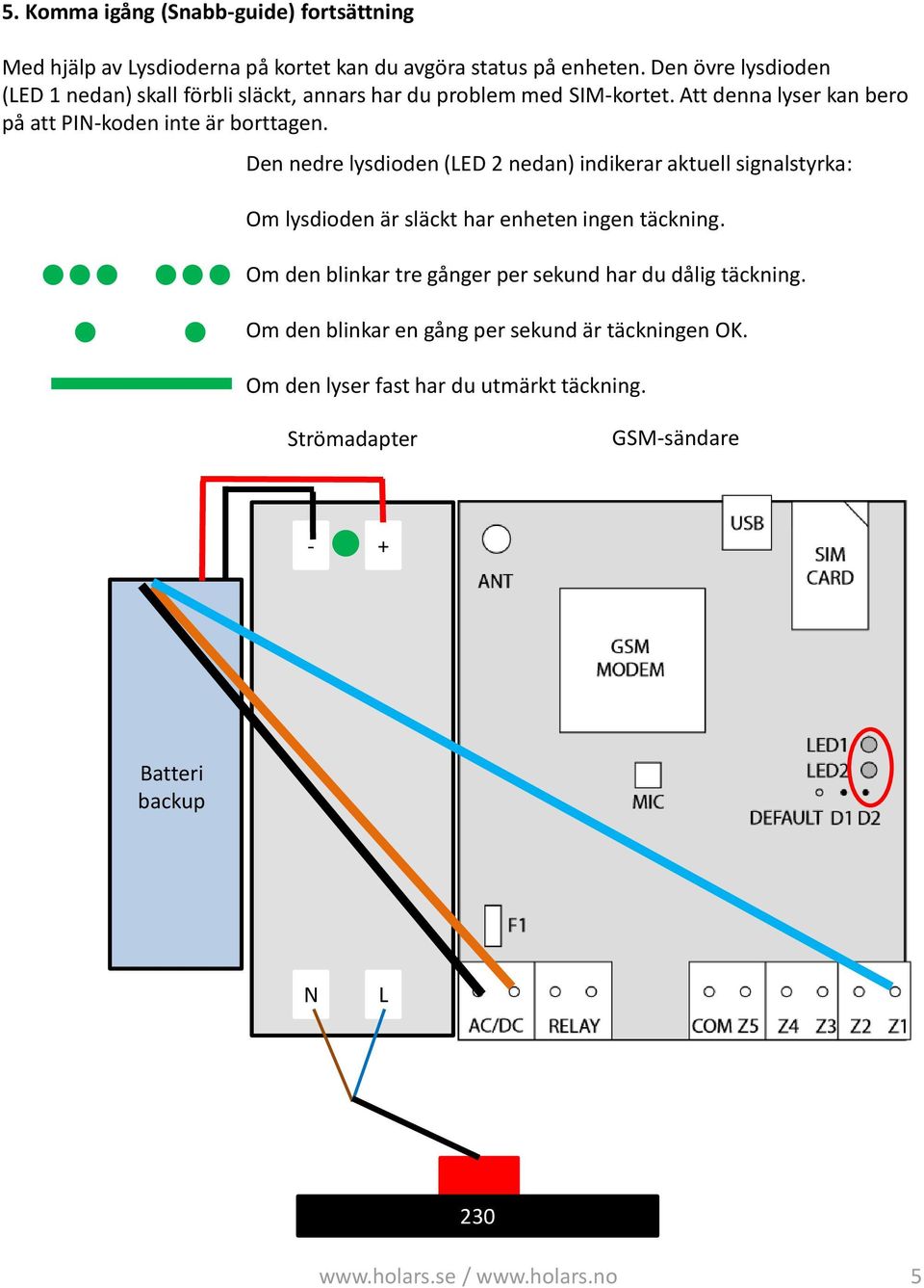 Den nedre lysdioden (LED 2 nedan) indikerar aktuell signalstyrka: Om lysdioden är släckt har enheten ingen täckning.