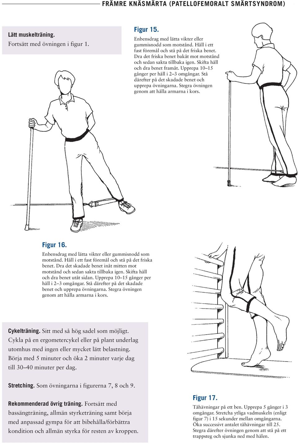 Stå därefter på det skadade benet och upprepa övningarna. Stegra övningen genom att hålla armarna i kors. Figur 16. Enbensdrag med lätta vikter eller gummisnodd som motstånd.